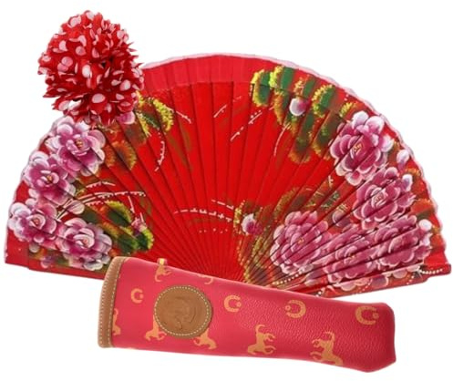 Planta Color Abanico de Madera con Flores Pintadas a Mano. Incluye una Funda para Proteger el Abanico. Pinza de Pelo con Diseño de Flor para Complementar tu estilo (Rojo 7131)