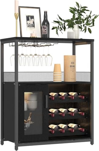 Garvee Weinschrank Weinregal Industrial Barschrank mit Verstellbarem Weinregal und Glashalter Getränkeaufbewahrung Weinbarschrank für Küche Esszimmer Wohnzimmer 70x35x92cm Schwarz