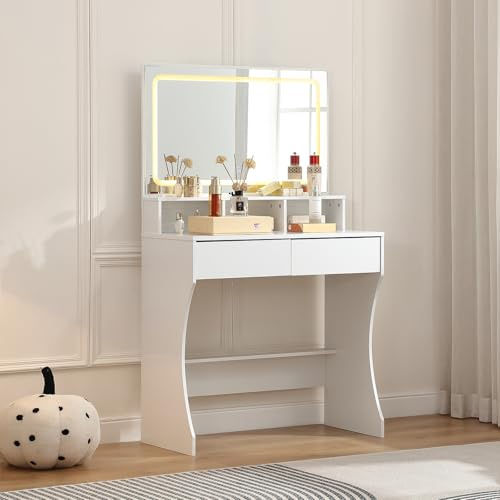 FOREST GRAVITY Small Makeup Vanity Desk litet sminkbord med spegel och belysning, 2 lådor, sminkbord, 3 justerbara färgljusstyrkenivåer, för sovrum, vitt (0163)