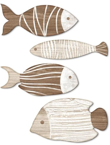 Putuo Decor Juego de 4 figuras decorativas de pared con aspecto de madera natural, color marrón, estilo marítimo, con líneas blancas, para baño, invitados, cocina, pasillo, mar