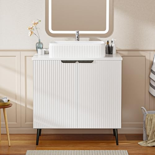 LDarqeer 750mm Bathroom Vanity Unit with Basin, Ceramic Basin, White Freestanding Bathroom Vanity Sink Cabinet, Marble Effect Top, Modern Soft-Close Wave Door, Single Tap Hole