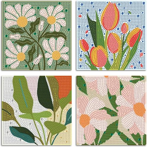 Musevial 4 Pack Flowers Diamond Art Painting Kits for Kids, Flowers Diamond Art Kits for Kids Ages 4-8-12, Small Diamond Art Kits Gift and Home Wall Decor 6x6inch