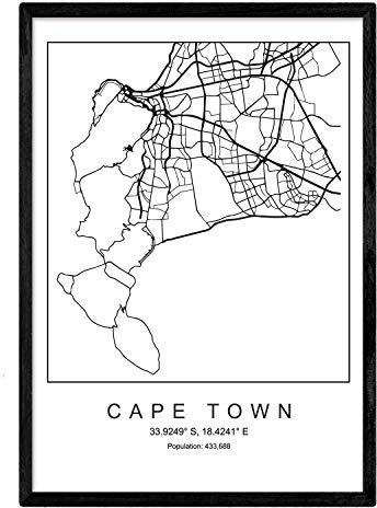 Mappa della città Città del Capo stile nordico in bianco e nero. Manifesto A3 Dimensione incorniciata con cornice nera carta stampata 250 gr. Immagini, fogli e poster per salone e camera da letto