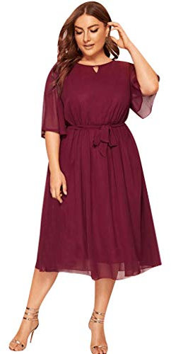 Ansenesna Abendkleider Damen Große Größen mit Gürtel Chiffon Elegant Kleid Frauen Kurzarm Knielang Party Festlich Kleider Für Mollige Sommerkleider (Rot,XXXXL)