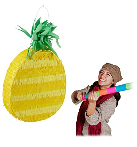 Relaxdays Pinata Ananas, Schlagpinata zum Befüllen, zum Aufhängen, Beachparty, JGA, Sommer, Partypinata Frucht, gelb