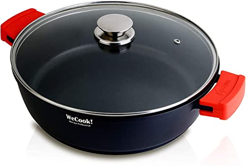 WECOOK! Ecostone Cazuela Baja Inducción con Tapa de Cristal 30cm, Antiadherente XTRA DUPON Ecológico sin PFOA, Aluminio Fundido, 5mm Espesor, 7,5cm Alto, Asas Silicona, Vitrocerámica, Gas Negro