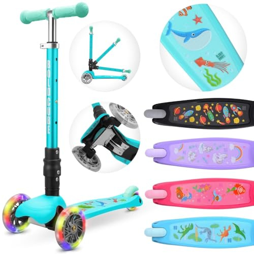 BOLDCUBE Teeny Fold Sea Animals | Scooter for Boys and Girls Ages 3-8 Years | Foldable | Flashing Light Up Wheels | Height Adjustable 61 to 79 cm