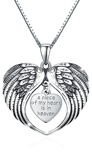 TUGHRA Angel Wings Necklace for Women 925 Sterling Silver Memorial Heart Necklace Charm A Piece of My Heart Is In Heaven Pendant
