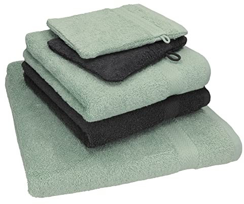 Betz 5 TLG. Handtuch Set Single Pack 100% Baumwolle 1 Duschtuch 2 Handtücher 2 Waschhandschuhe heugrün - Graphit grau