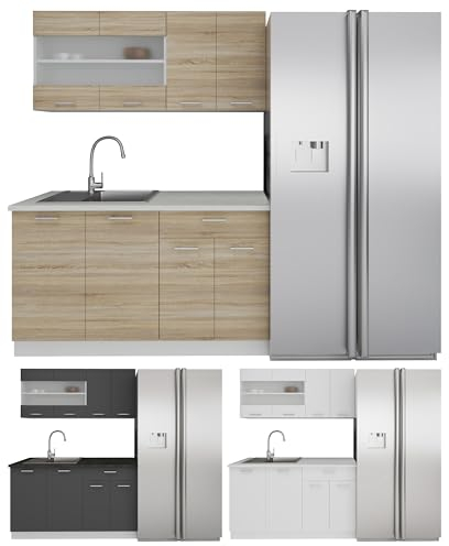 VCM 4-TLG Singleküche Einbauküche Küchenzeile Küchenblock Komplettküche 140 cm Esilo Weiß/Sonoma-Eiche