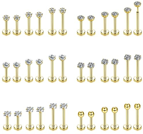 YADOCA 36 Stück Labret Piercing 16G Edelstahl 6 mm 8 mm 10 mm Pushin Lippe Medusa Helix Tragus Piercing Schmuck für Damen Herren Gold