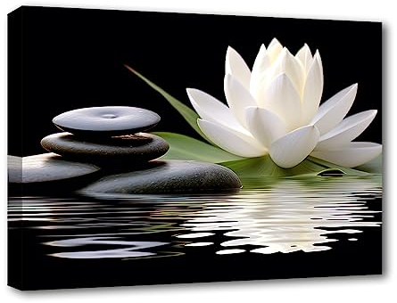 LZIMU Zen Leinwandbilder weißer Lotus und schwarze Zen Steine blühen im Wasser Bilddrucke für Yoga Spa Meditation spirituelle Raumdekoration (Zen-1,(30.00 x 45.00 cms))
