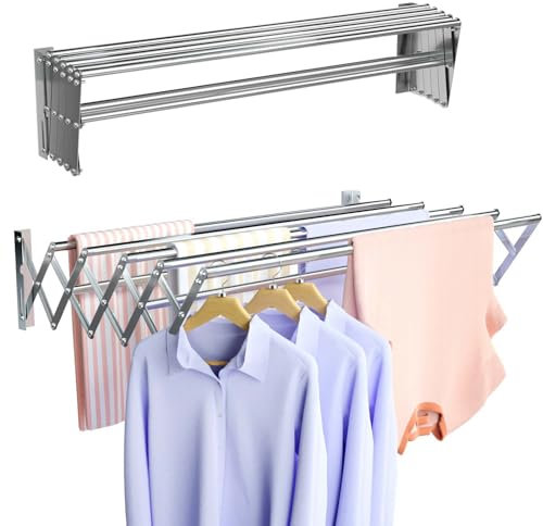 Vikaqi Wall Mounted Clothes Drying Rack, Foldable Wall Mount Laundry Drying Rack Folding Indoor, Drying Rack Clothing Collapsible, Retractable Towel Drying Rack, Space Saver with 7 Drying Rods