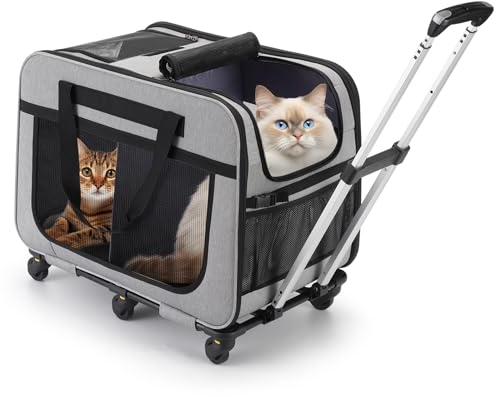 FASNATI Extra Große Katzentransportbox für 2 Katzen bis 20kg, Faltbare Transportboxen für 2 Katzen mit Rollen, Transportbox Katze Groß für Spaziergänge/Camping, Grau