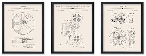 Poster Master 3-Piece Movie Film Reel Blueprint Poster - Projector Patent Print - Camera Art - Movie Illustration - Technical Drawing - Black & White Design - Great Office Decor - 8x10 UNFRAMED