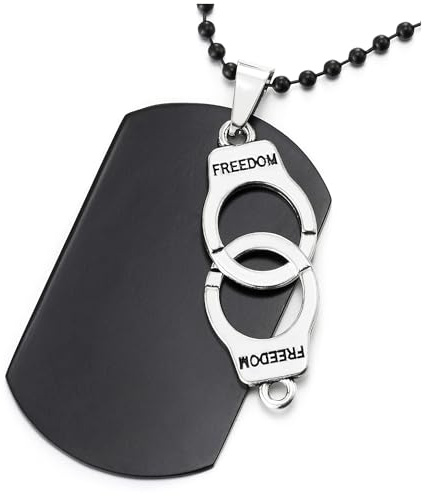 COOLSTEELANDBEYOND Svart hundtagg och handbojor hänge halsband för män, silver svart, boll kedja 69 cm, punkrock, Metall, Ingen ädelsten