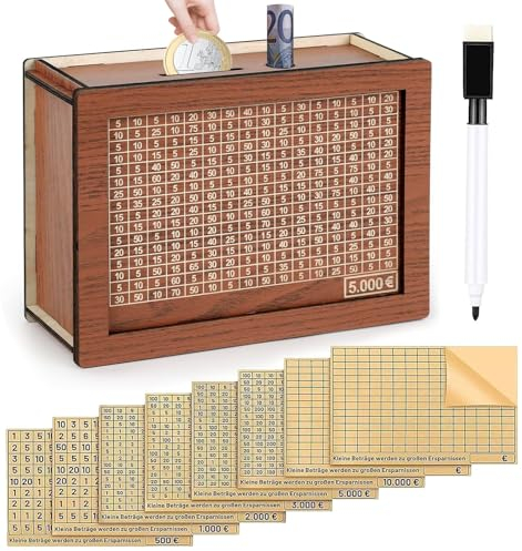 Target Salvadanaio in Legno con 8 Diversi Adesivi e 1 Pennarello, con Obiettivi per 500 € 1000 € 2000 € 3000 € 5000 € 10000€, Riutilizzabile per Adulti e Bambini
