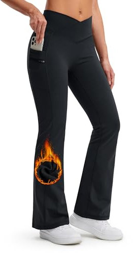 Libin Thermo Bootcut Yogahose Damen Fleece Gefütterte Winter Warme Slim Fit Flared Leggings Wasserdicht Blickdicht V Crossover Sporthose Laufhose Damen mit Taschen, Schwarz, M