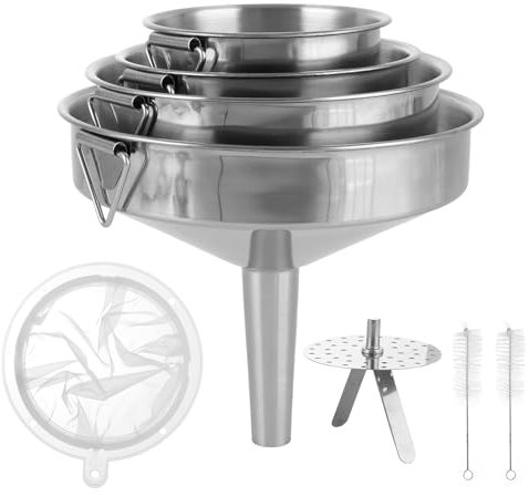 ASelected Set di 5 imbuti in acciaio inox, imbuto da cucina in acciaio inox, con manico, per marmellate, con filtro e spazzola per la pulizia per il trasferimento di liquidi, olio, succo di marmellata