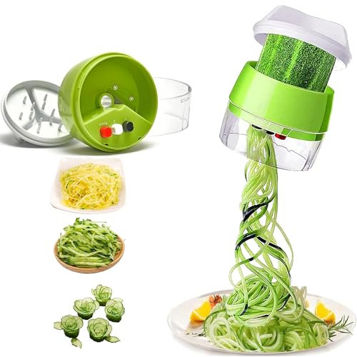 EHIOG Spiralizzatore di Verdure, Spiralizzatore di Verdure Taglia Verdure a Spaghetti, Affettatrice a Spirale Manuale per Fare Pasta Vegetale,Cetriolo,Carote Tagliuzzati (4-in-1)
