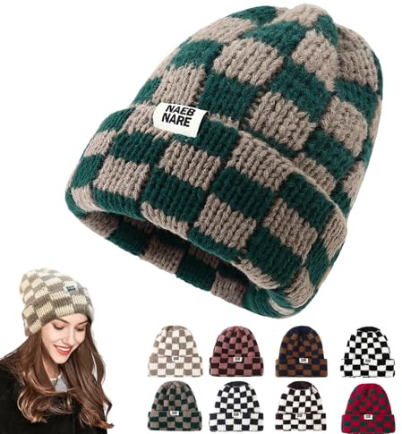 SUNAVY Unisex Mütze Damen Herren Beanie Warm Wintermütze Karierte Mütze Winter Strickmütze Thermo Laufmützen Wintermütze Weich Slouch Kint Hat (DE/NL/SE/PL, Alphanumerisch, Einheitsgröße, M, Grün)