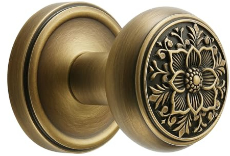 FLIRABBIT Pomo de puerta de latón antiguo con intrincado diseño floral, manijas de paso elegantes y duraderas para puertas interiores, aspecto clásico vintage para decoración del hogar u oficina