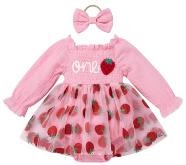 FYMNSI Baby Mädchen 1. Erster Geburtstag Outfit Erdbeere Langarm Partykleid Bodykleid Prinzessin Tütü Tüll Kleid Strampler mit Stirnband Herbst Frühling Kleidung Fotoshooting Rosa Erdbeere 12-18M
