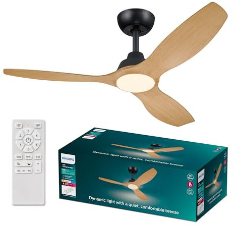 Philips Olas Deckenventilator, 3 Flügel, groß (52) 24 W LED-Licht, DC-Motor, Farbtemperaturbereich (3000 K, 4300 K, 6500 K) mit Dimmfunktion, Schwarz/Holz, inkl. Fernbedienung