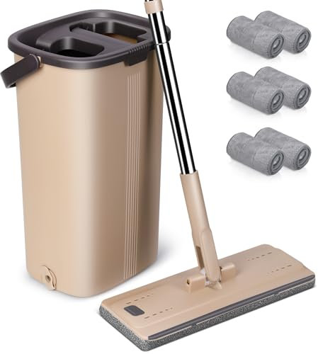 MASTERTOP Mopa Fregona con Cubo Escurridor, Fregona Plana Microfibra Giratorio 360° con Cubo Sistema Autolimpieza y 6 Almohadillas para Limpiar Suelos de Azulejos, Madera, Laminados y Mármol (Beige)