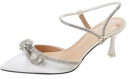 Generiska slingpumps damer pumps damer elegant klänning skor höga klackar sexiga bröllopsskor remsandaler rempumps glitter sandaler med klack kvällsskor spetsskor party brudskor, Vit, 40 EU