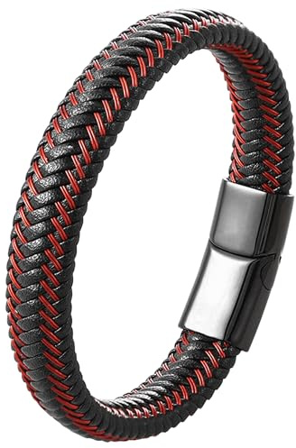 Mochity Läderarmband för män och rostfritt stål, 21 cm flätat armband för män, enkla armband svart brun blå grön röd vit, presentsmycken för män pappa, med låda, Moyenne, Läder, Rostfritt stål