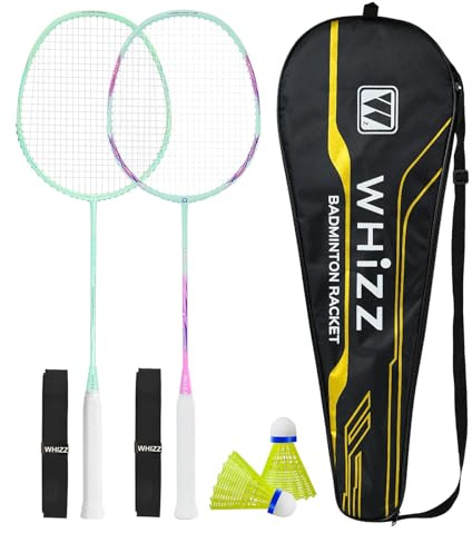 BAIHUALIN WHiZZ T80 Carbon Graphit Badminton Schläger, Leichter Badmintonschläger + Tragetasche + Griffband + Federball, Mintgrün+Rosa