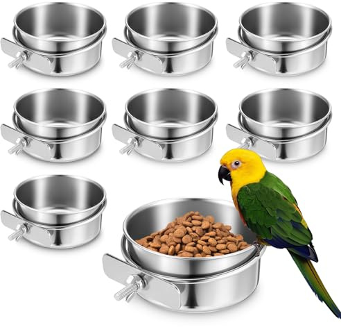 Kifmurase 8 PCS Stainless Steel Bird Food Bowls Water Bowl with Clamp Holder, Parrot Feeding Dish Cups Birds Feeders for Cage, Bird Food Water Bowls for Cockatiels Conure Budgie Parakeet