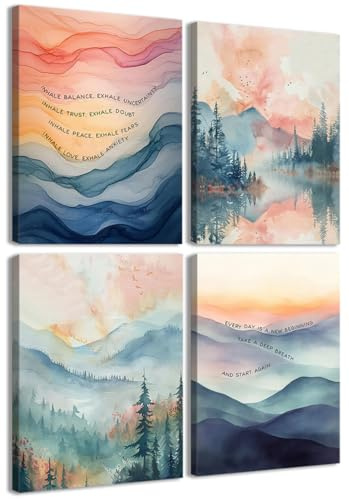 4pcs Inhale Exhale Mental Health Canvas Wall Art Prints, Therapy Office Decor, Watercolor Abstract Prints for Wall Decor, Calming Breathe Poster for Therapy Counselling Room 8”x10” Ready to hang