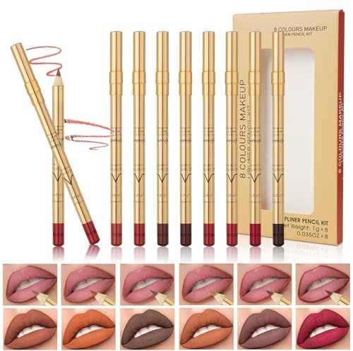 LOPHE Delineador de Labios, 8 Piezas Perfilador de Labios Permanente, Kit de Lápices de Labios de Larga Duración, Lápiz Labial con Tubo Dorado, Juego de Cosméticos para Mujeres Maquillador