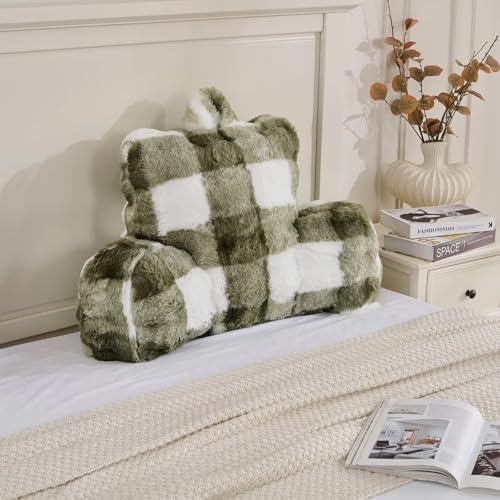 Animebody Reading Pillows for Boyfriend Adult,Velvet Back Pillow Bed Wedge Large, Back Rest Support Cushion for Sitting Up in Bed/Couch for Bedrest 18inch-Sage Green Grid Print