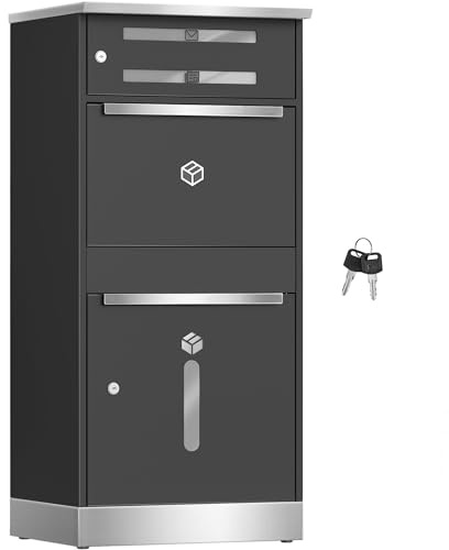 Hzuaneri Paketbox, Paketbriefkasten XXL mit Paketfach, Sichtfenster, Stahl, Abschließbar, Standbriefkasten für Pakete und Briefe, Wetterfester, 2 Schlüssel, Anthrazit MB10199GR