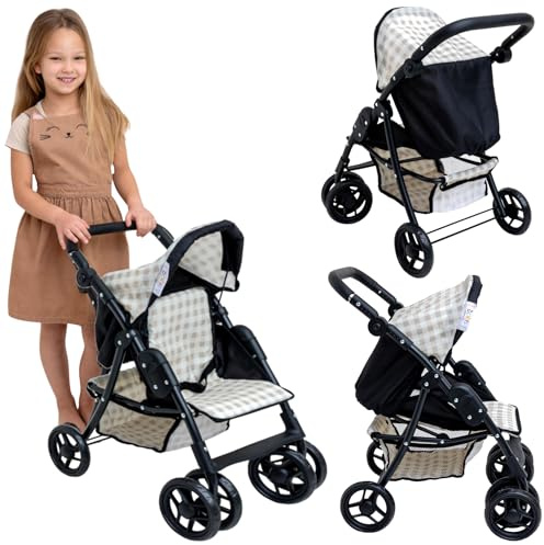 Doris - Passeggino per bambole Passeggino - Passeggino per bambole - Ruote girevoli, maniglia regolabile, cabina pieghevole, leggero e stabile, regalo perfetto per una bambina