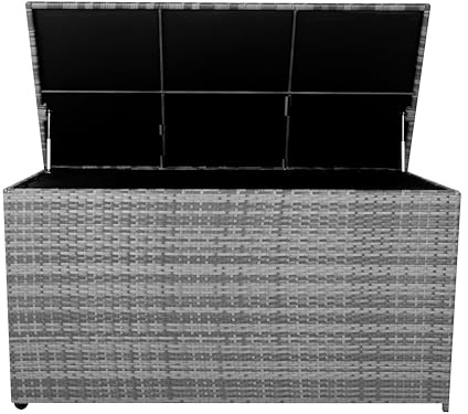 Coffre de Rangement Jardin Extérieur 700 L en Rotin Gris Résistant Aux Intempéries Doublure Zippée Rangement de Coussins Serviettes Jouets Meuble de Jardin Terrasse Cadre en Acier Verin en Gaz