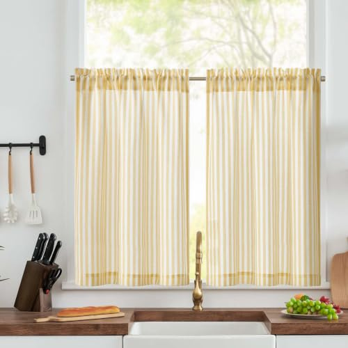TOPICK Kitchen Curtains, Cafe Curtains, W26xL36, 2 Panels, Yellow Striped | Light Filtering Small Curtains, Rod Pocket Half Window Curtain 2 Drapes for Bathroom, Cupboard Base, Sink, Basement