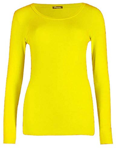 Womens Long Sleeve Stretch Plain Round Scoop Neck T Shirt Top Ladies Fitted Tee (Yellow, 8-10)