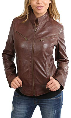 A1 FASHION GOODS Femmes Équipé Cuir Véritable Marron Veste De Motard Tendance Décontractée Fermeture éclair Manteau Jenny (S - EU 36)