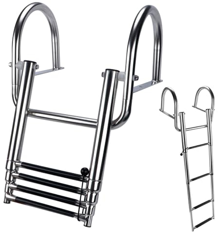 Hoffen 4 Step Pontoon Boat Ladder, Stainless Steel Telescoping Folding Boat Ladder Rear Entry Heavy Duty Custom Inboard with Pedal and Safe Handrails