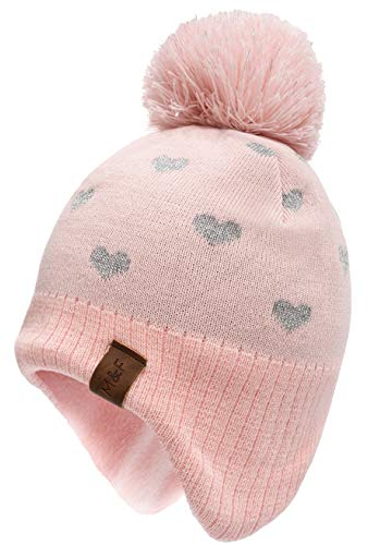 Foruhoo Mädchen Strickmütze Beanie Hut, Wintermütze für Baby Kinder mit Fleecefutter(Rosa,S 51cm)