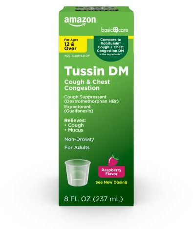 Amazon Basic Care Tussin Cough Plus Chest Congestion DM Syrup, Non-Drowsy Expectorant, Mucus Relief, Raspberry Flavor, 8 fl oz (Pack of 1)