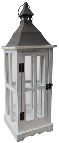 Laterne mit Glas 56 cm Weisse Holzlaterne mit Metalldach - Laterne für draußen - Vintage - Gartenlaterne - Windlicht Kerzenhalter - Naturholz Laternen