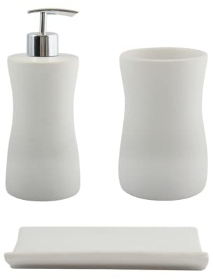 MSV Bad Accessoires en céramique 3 pièces – Distributeur de Savon, Porte-Savon, gobelet à Brosse à Dents Palma Blanc