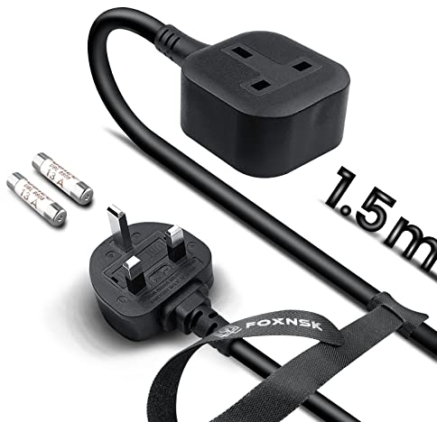 FOXNSK Single Plug Extension Lead 1.5M, 1 Way Gang Single Socket Extension Lead Surge Protected, 13amp 250V 3kw UK 3 Pin Fused Mains, Rubber, Tough and Fireproof, Black