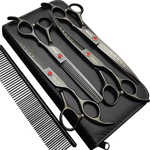 Professionelles Fellscheren-Set aus Titan, 17,8 cm, gerade, dünner werdend, gebogen, 4-teiliges Set für Hundepflege, Hellschwarz mit Kamm
