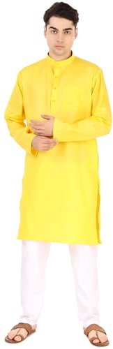 SKAVIJ Herren Tunika Baumwolle Sommer Kurta Pyjama Set Indisches Outfit (Gelb, L)